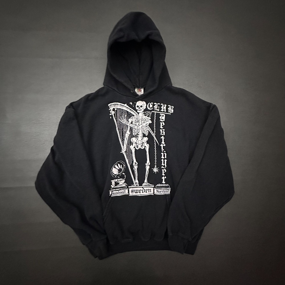 Vintage Swedish Hoodie Mens Large Black Death Heavy Metal Skeleton Y2k Boxy Fit